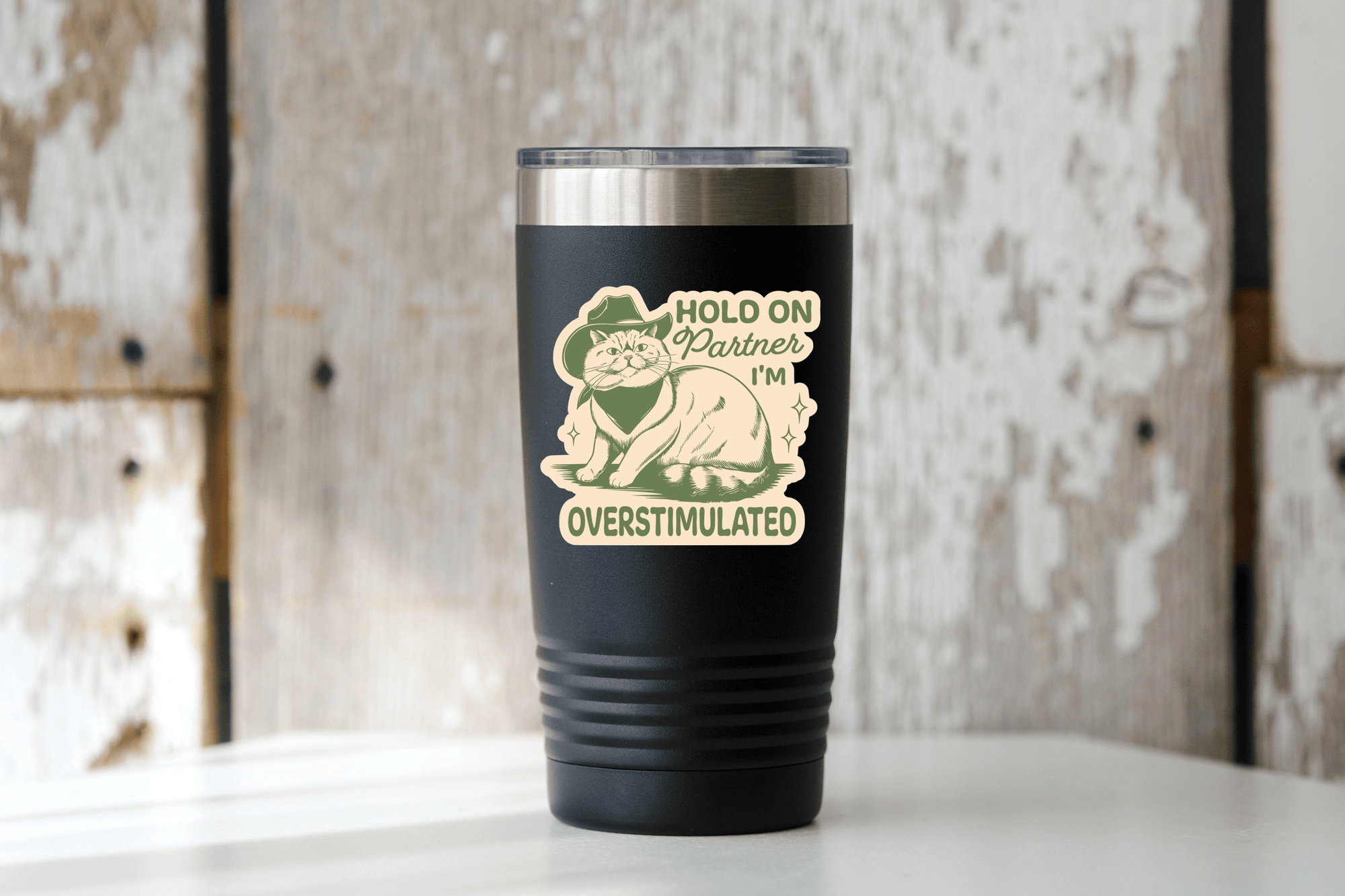 Hold on Partner I'm Overstimulated Sticker - cat, cowboy