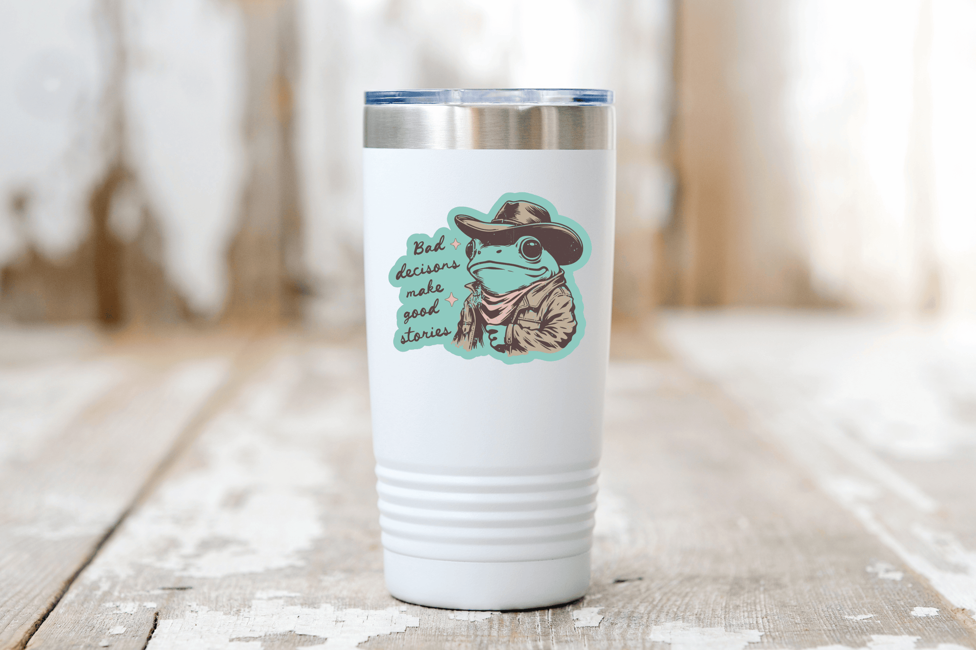 Bad Decisions Make Good Stories Sticker - cowboy, frog, west
