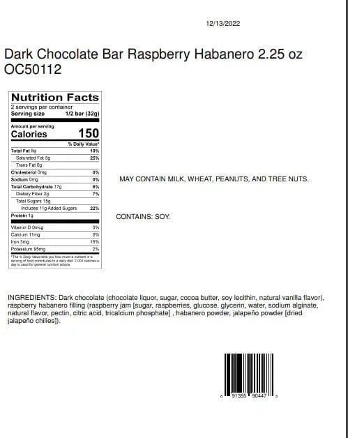 Dark Chocolate Raspberry Habanero 2.25 oz Candy Bar