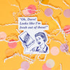 On a sunny mustard background sits a sticker with white crinkle and big, colorful confetti scattered around. This white sticker has an navy illustration of a vintage woman holding an empty box and it says "Oh, Darn! Looks like I'm fresh out of these!" in navy serif lettering. On the box it says, "Big Ol' Box O' FUCKS All Natural!" in navy. 2"-3"