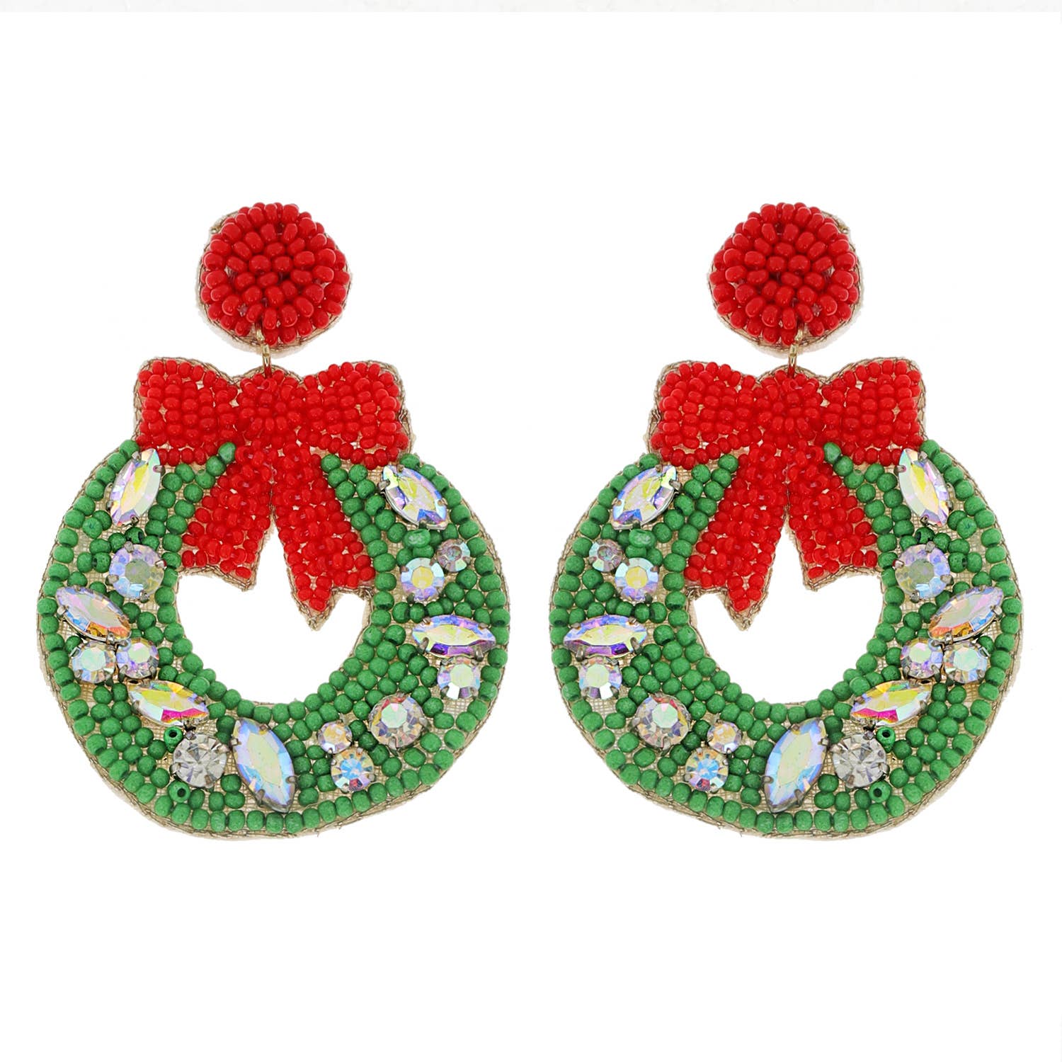 Christmas Wreath Jeweled Beaded Drop Earrings