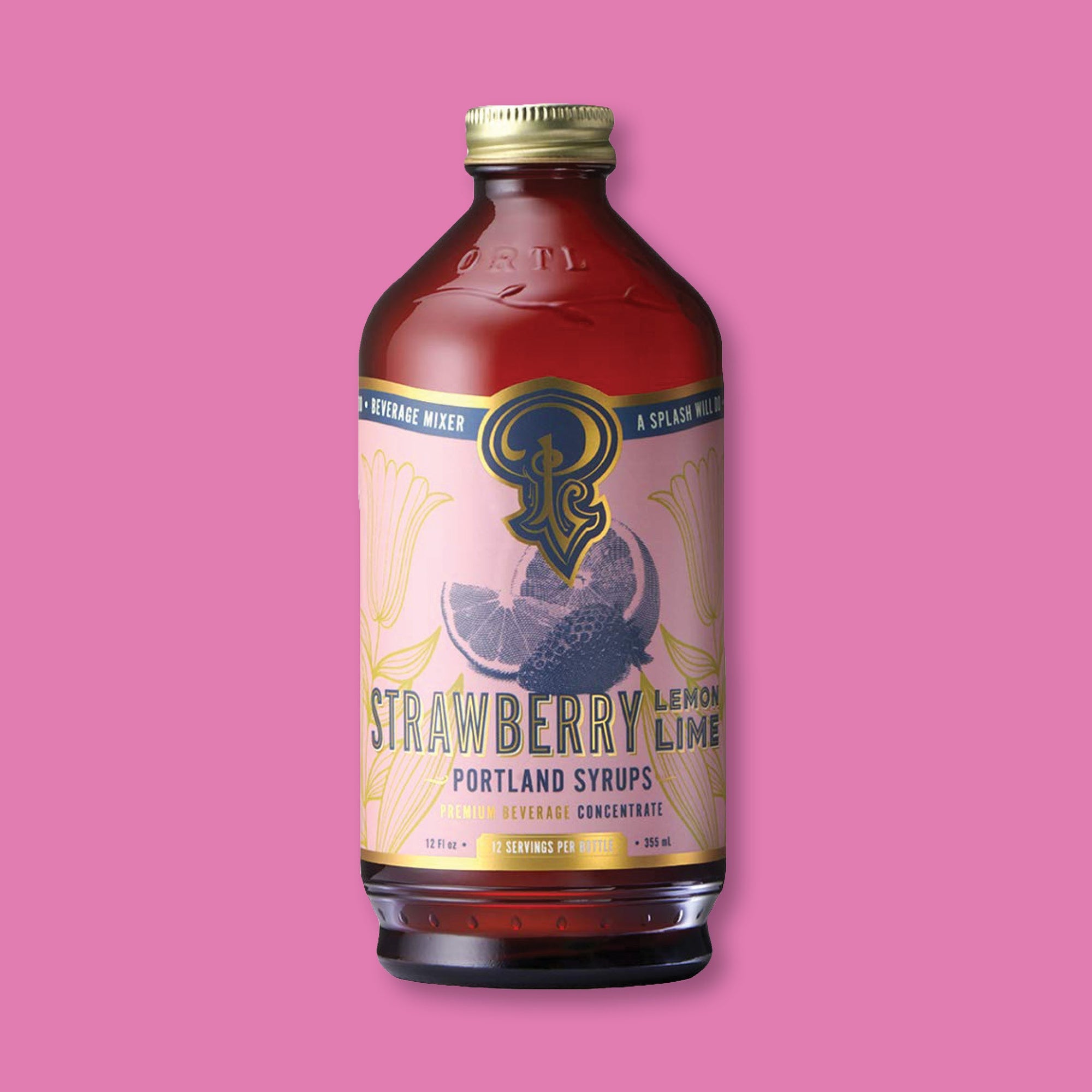 On a raspberry pink background sits a brown bottle. This glass bottle has a gold lid and a colorful label on the front. There is an illustration of a strawberry, a lime wedge, and a cut lemon. It says in purple "PORTLAND SYRUPS" in all caps font. It also says "STRAWBERRY LEMON LIME" in purple and gold, all caps block font. Under that says "PREMIUM BEVERAGE CONCENTRATE" in gold, all caps block font. 12 servings per bottle. 12 Fl oz 355 mL