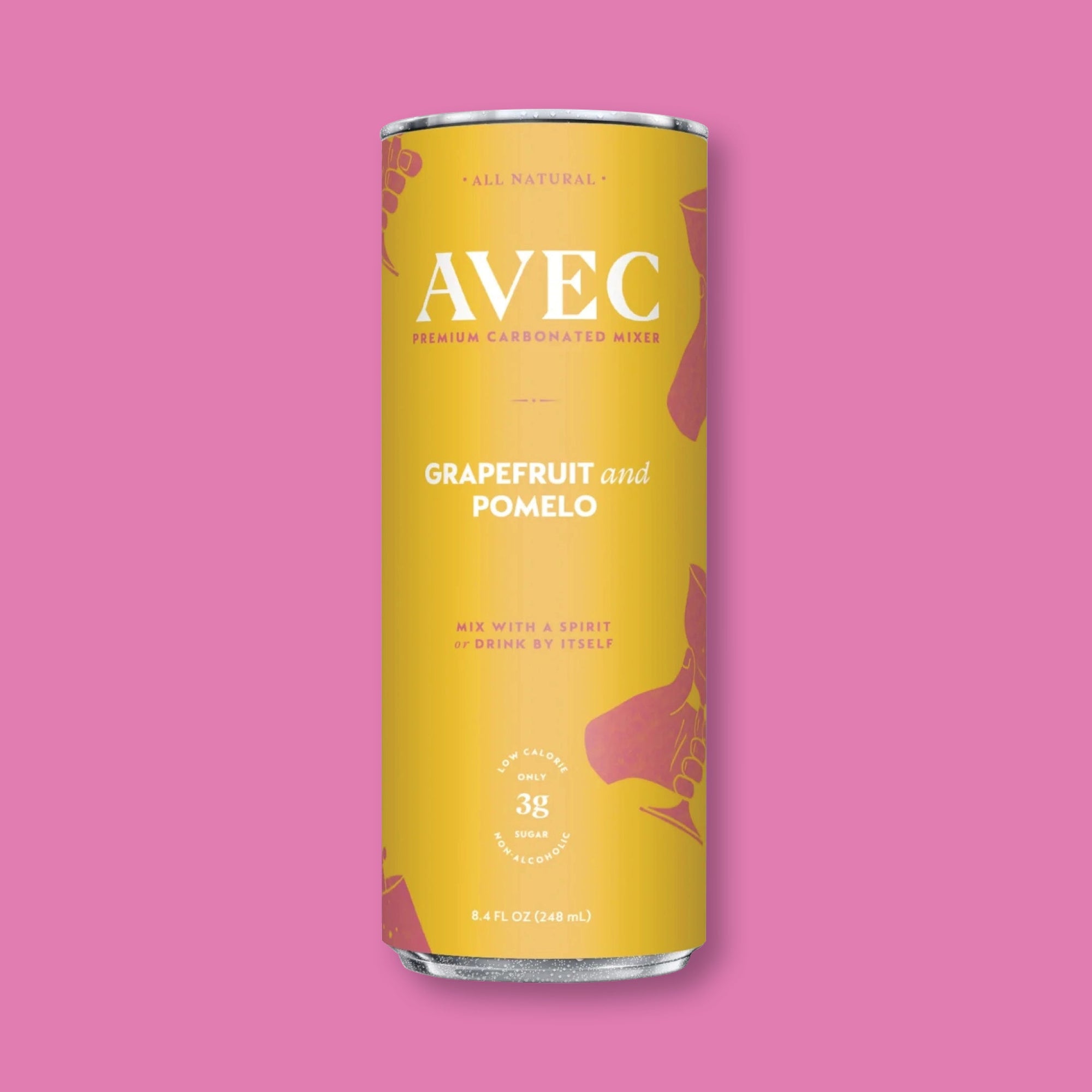 On a raspberry pink background sits a can. This sunny mustard can has illustrations of a hand holding a cocktail glass in a grapefruit color. This AVEC PREMIUM CARBONATED MIXER is "ALL NATURAL". The flavor is "GRAPEFRUIT and POMELO" and it says "MIX WITH A SPIRIT or DRINK BY ITSELF" in a grapefruit color, all caps font. LOW CALORIE, NON-ALCHOLIC, ONLY 3G SUGAR, 8.4 FL OZ (248 mL)